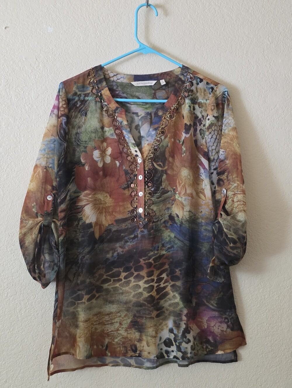 Soft Surroundings Multicolor Floral & Abstract Sheer Tunic Size Small